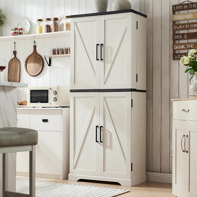 ACCOHOHO 72" Tall Kitchen Pantry, Farmhouse Storage Cabinet with Barn Doors, Organizer, Drawer and Adjustable Shelves, Rustic Wood Cupboard for Kitchen, Dining Room, Bathroom, Off White | Barn Doors