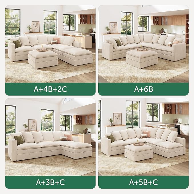 HONBAY Corduroy Ottoman, 31.5 Inch Square Ottoman Bench with Storage for Living Room, Beige