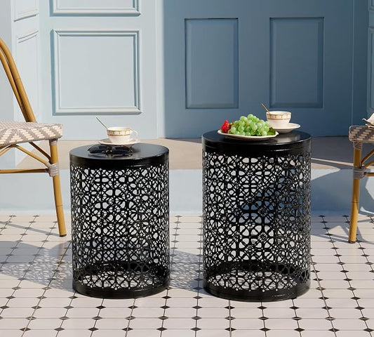 HFHOME Set of 3 Heavy-Duty Round End Table, Side Table, Coffee Table for Indoor Multifunctional Use, Outdoor Decorative Garden Stool Plant Stand-Black