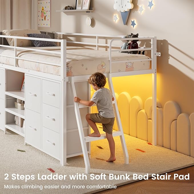 Twin Low Loft Bed with 10 Storage Drawers and LED Lights, Loft Bed Twin Size for Kids with Bookcase, Metal Kids Loft Bed Frames with Safety Guardrail, Inclined Ladder&Play Curtain,Spave Saving,White