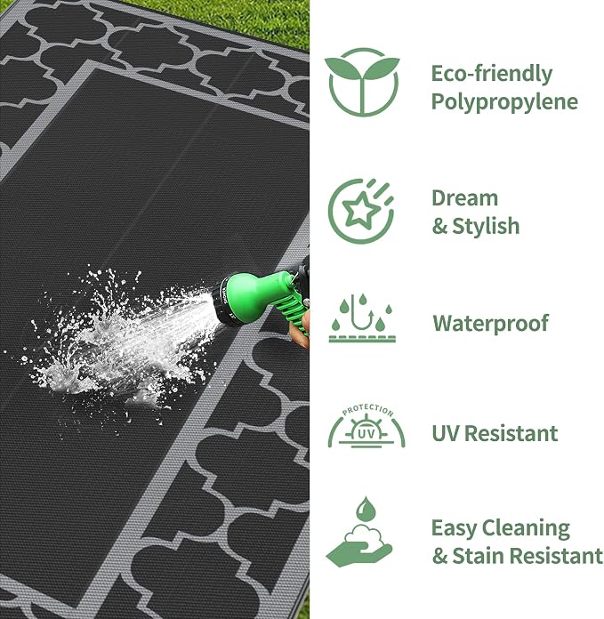 GENIMO 9' x 18' Outdoor Rug Waterproof for Patio, Foldable Reversible Plastic Straw Area Rugs Mat for Rv Decor, Outside Carpet for Camper, Deck, Picnic, Beach, Balcony, Porch, Black & Grey