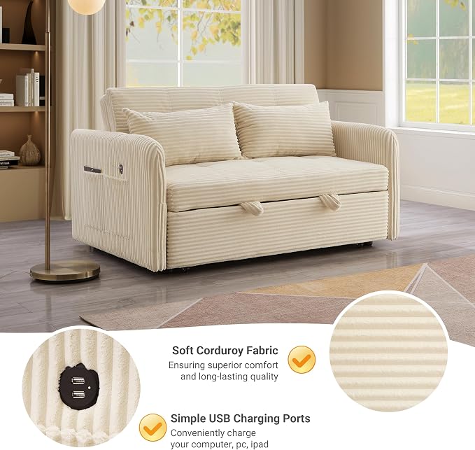 55.5" Corduroy Convertible Sofa Bed, Pull Out Sleeper Sofa Bed, Loveseat Couch with USB Charging Ports, 3 in 1 Convertible Sleeper Sofa Bed for Living Room, Apartment, Bedroom, RV, Beige