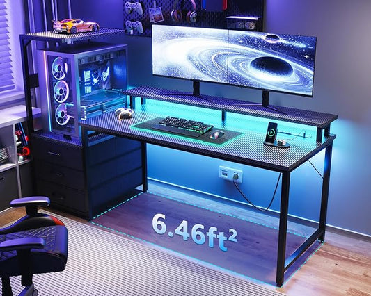 AODK 63 inch Gaming Desk with PC Display Stand, Reversible Steel Wood Computer Desk for Gaming Setup, Tiered Design to Show Off Your PC Tower & Accessories, Black