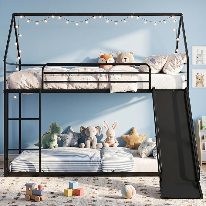 Bunk Bed with Slide, Twin Over Twin Bunk Bed with Ladder and Guardrail, Space Saving & Heavy Duty House Loft Bed for Kids, No Box Spring Needed(Black)
