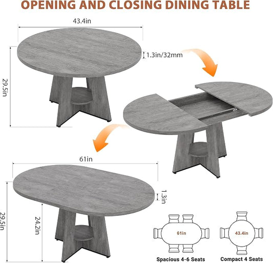 Extendable Dining Table, Round Kitchen Dining Room Dinner Table with for 4 6 8 People, Space Saving Modern Oval Expandale Furniture with Storage and Pedestal for Kitchen Living Room (Grey)
