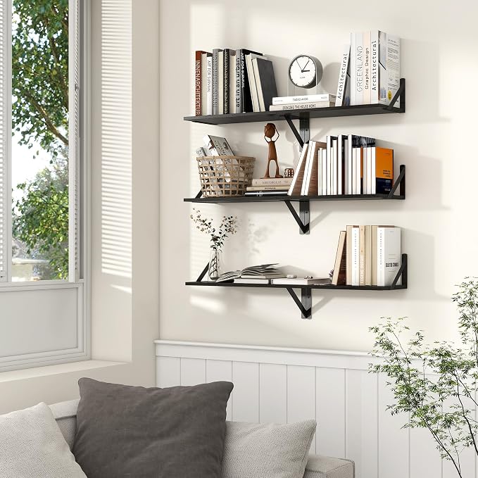 Axeman Floating Shelves for Wall, 16''W x 8''D Black Floating Shelves Set of 2, 8 Inch Deep Wall Shelves for Bookshelf Living Room Bedroom Home Office Bathroom