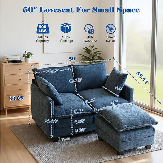 50'' L-Shape Loveseat Sofa with 22" Ottoman, 2 Seat Modern Cloud Couch with 2 Washable Pillows for Small Space Apartment Office Living Room Bedroom, Blue