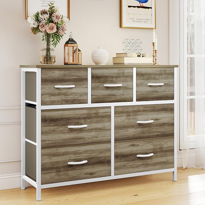 OLIXIS 7 Drawers Fabric Dresser for Bedroom, Storage Tower Organizer for Living Room & Entryway, Sturdy Steel Frame, Wooden Top & Easy-Pull Bins, Closet Chest for Clothes, Oak Greige