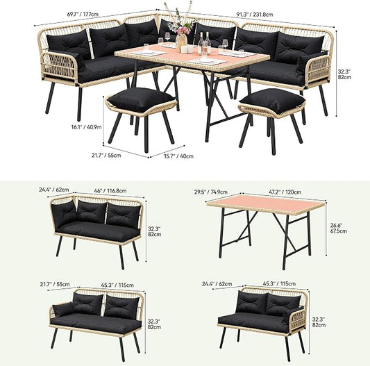 YITAHOME L-Shaped Patio Furniture Set, All-Weather Rattan Outdoor Conversation Sofa with Soft Cushions, Ottomans & Plastic Wood Dining Table for Backyard Deck, Light Brown + Black