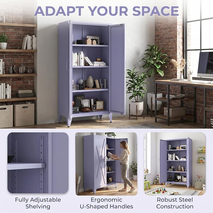 X-Shaped Door Kitchen Pantry Cabinets with Lockable and Adjustable partitions Metal Storage Cabinet 61" H Metal Pantry Cabinetfor Cupboard/Dining Room/Bathroom/Living Room/Office/Laundry Room