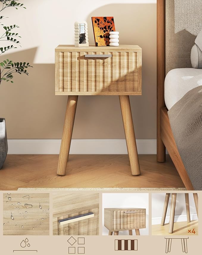 YMYNY Narrow Fluted Nightstand Set of 2, Small End Table, Modern Coffee Table with Drawer, Solid Wood Legs, Retaining Chain, for Bedroom and Small Spaces, Natural UHST014R-2