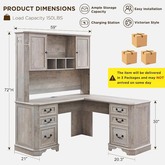 T4TREAM 59" Executive L Shaped Desk with Hutch,Victorian Wood Computer Desk, Featuring Charging Station,File Drawer, Storage Cabinet,for Home Office Work and Study (Light Rustic Oak)