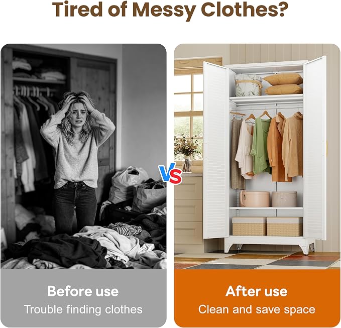 71" Louvered Metal Storage Cabinet with Doors and Shelves, White Steel Armoire Wardrobe Closet with Sturdy Hanging Rod for Home Office Bedroom, 18" Deep