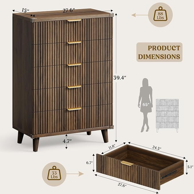 Lulive Modern Dressers and Nightstands Set 4-Piece, 2 Night Stands + 6-Drawer Dresser + 5 Drawers with Charging Station Modern Bedroom Sets Solid Wood Legs Walnut
