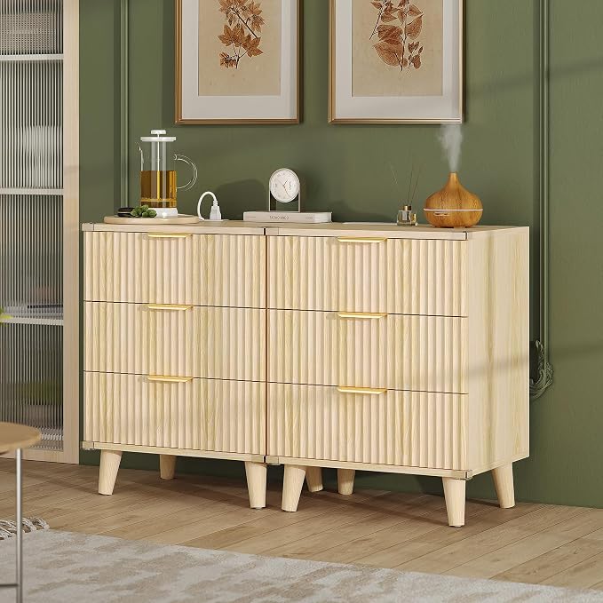 Lulive Wood Night Stand Set 2 Fluted Dresser for Bedroom 3 Drawers End Tables Nightstand with Charging Station, Storage Modern Side Table Natural