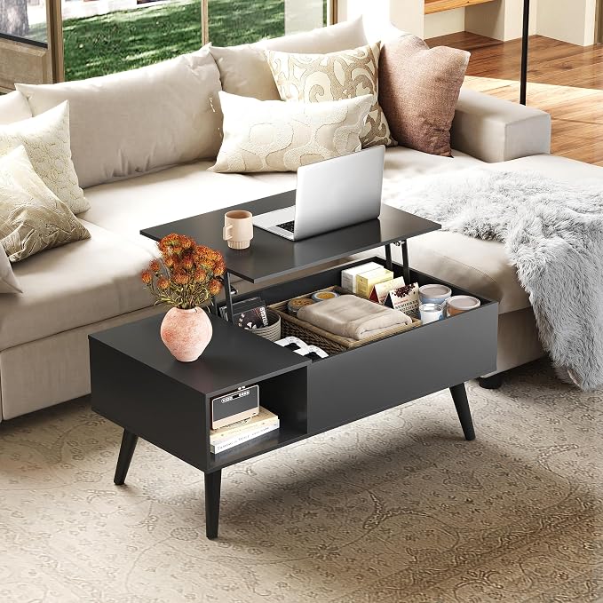 WLIVE Coffee Table for Living Room, Lift Top Coffee Table with Storage, Small Rising Wooden Dining Center Table with Storage Shelf & Hidden Compartment, 39" Black