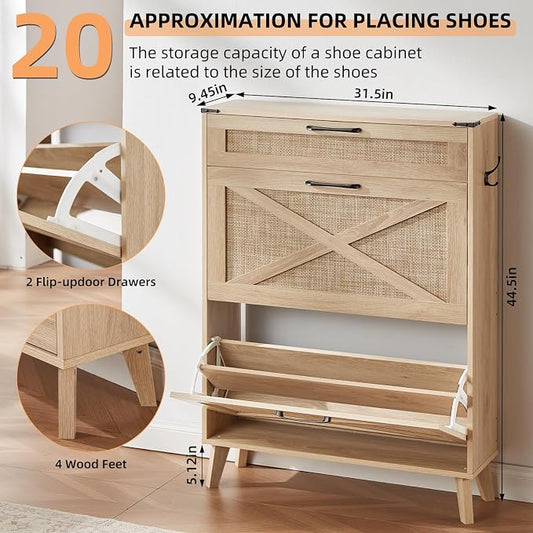 LEYAOYAO Shoe Cabinet Storage for Entryway with 2 Flip Drawers Rack Narrow Organizer Slim Hidden Wood Shoe Cabinet Furniture Natural Oak