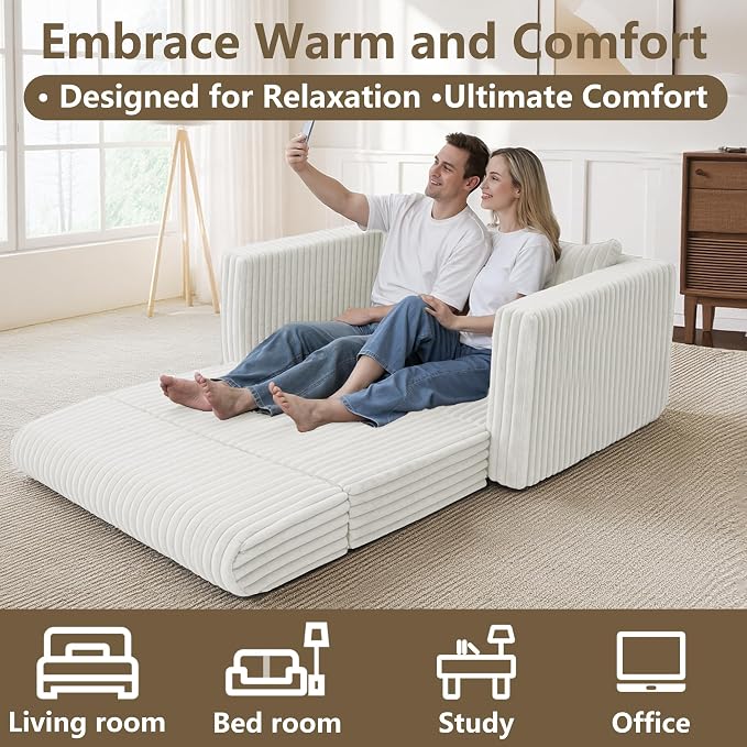 HABUTWAY 41.3" Loveseat Boneless Couch, 4-in-1 Convertible Sofa Bed, Plush Fur Folding Futon Sofa Bed Couches with a Pillow for Living Room, High-Density Foam Support, No Assembly Required, Beige