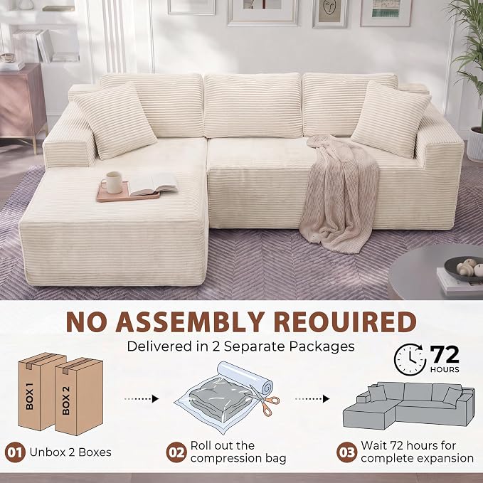 Homall 110" Boneless Sectional Couch, Modular Sectional Sofa L-Shape Couch with Deep Seat, Cloud Comfy Boneless Couch for Living Room, No Assembly Required (Corduroy, Beige)