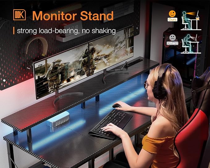 ODK 48 inch Computer Desk with Power Outlets & LED Lights, Gaming Desk with Monitor Stand & Storage Sheves, Home Office Desk, Carbon Fiber Black