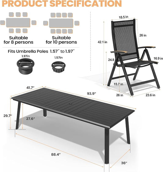 Pellebant 11 Pieces Aluminum Patio Table and Chairs Set - 94" Rectangular Table and Foldable Chairs Outdoor Dining Set with Umbrella Hole, Weather Resistant Sturdy Frame for Deck, Porch & Backyard