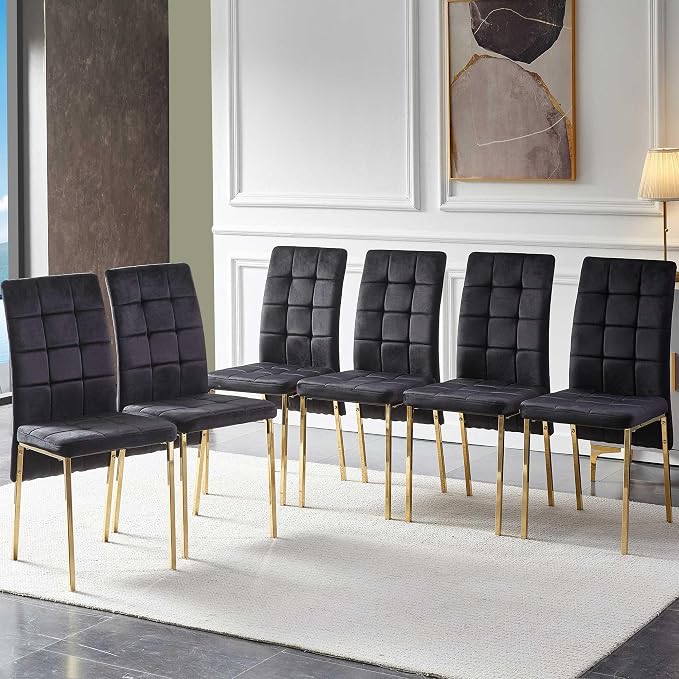 NORDICANA Upholstered Velvet Dining Chairs for 6, Classic High Back Kitchen Chairs Set of 6, Tufted Side Chairs, Golden Color Metal Legs, Black