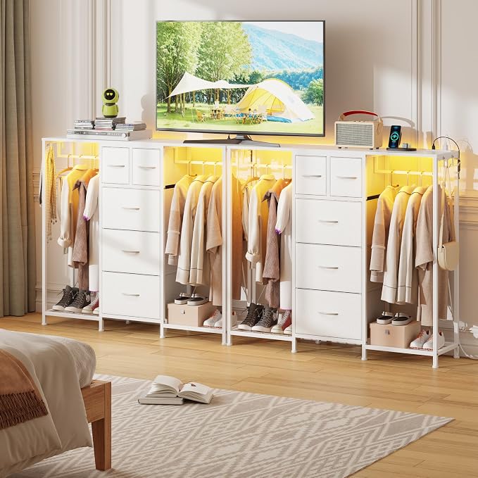 HIGDBFE 5-Drawer Dresser with 2 Hanging Racks, White, 49.2" W | LED Lights&Charging Station, Hooks, Wooden Top, Fabric Drawer, Dresser TV Stand for Bedroom, Dorm