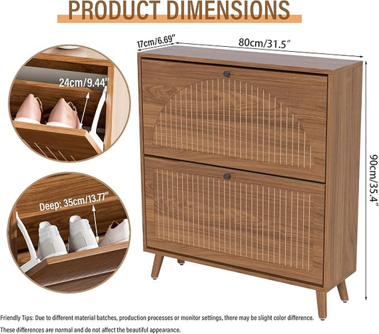 Fsbecl Shoe Storage Cabinet for Entryway with 2 Flip Drawers, Narrow Wood Shoe Cabinet with Fluted Panel, Freestanding Hidden Shoe Organizer for Foyer, Hallway (Walnut - No Shelf)