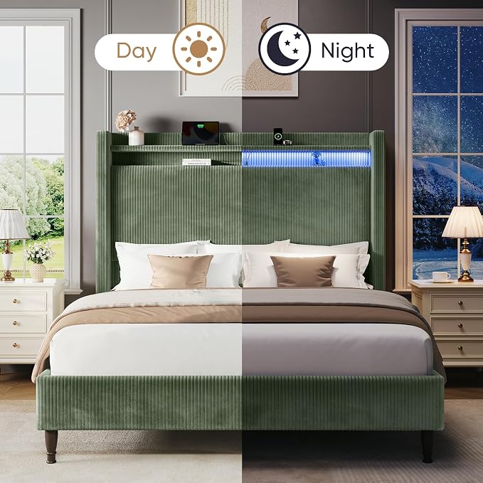 Queen Size Bed Frame with Tall Headboard, 55.3" Upholstered Platform Queen Bedframe with Wingback Storage Headboard, Charging Station & LED Lights, No Box Spring Needed, Wooden Slats, Corduroy, Green