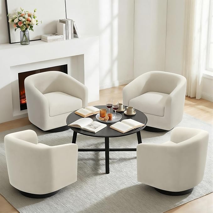 Swivel Barrel Accent Chair, Modern Round Chenille Fabric Arm Chair for Living Room, Bedroom, Comfy Club Reading Chairs for Adults(Velvet Ivory, Set of 1