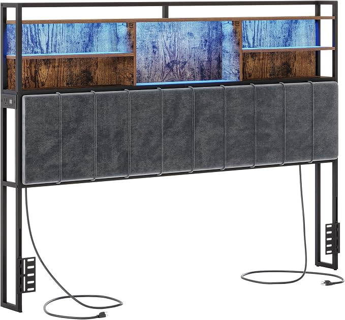 Hzuaneri Headboard with 3-Tier Storage Shelves, Velvet Upholstered Head Board with 2 Outlets, USB Ports & LED Light, Soft Backrest for King Size Bed Rustic Brown and Black BH19401B