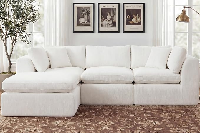 GRUSIGN 110'' Oversized Boneless Cloud Couch for Living Room, Modern Big Sectional Compressed L Shape Couch with Ottoman, Comfy Chenille Deep Seat Memory Foam Spineless 4 Seater Sofa, Beige