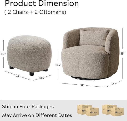 KINWELL 34" Wide 2 Boucle Swivel Barrel Chairs and 2 Ottomans Set, Fully Assembled Sherpa Accent Chairs and Footrest Set, Modern Comfy Armchairs and Footstool for Living Room and Bedroom, Taupe