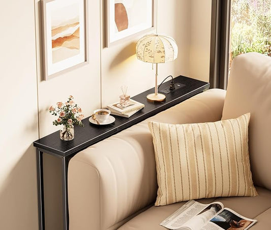 SUPERJARE 5.7 Inch Console Table with Outlet, Sofa Table, Behind Couch Table, 5.7 x 39.4 x 29.7 Inches, Metal Frame, Charging Station, for Living Room, Black