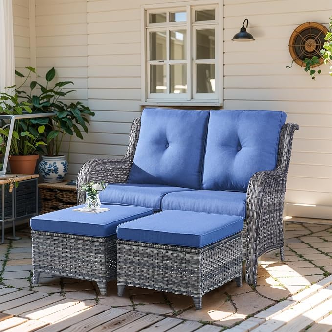 Outdoor Loveseat Sofa - 3 Piece Patio Furniture with Ottoman Deep Seating Patio Couch for Porch Deck Garden Backyard - Grey/Blue