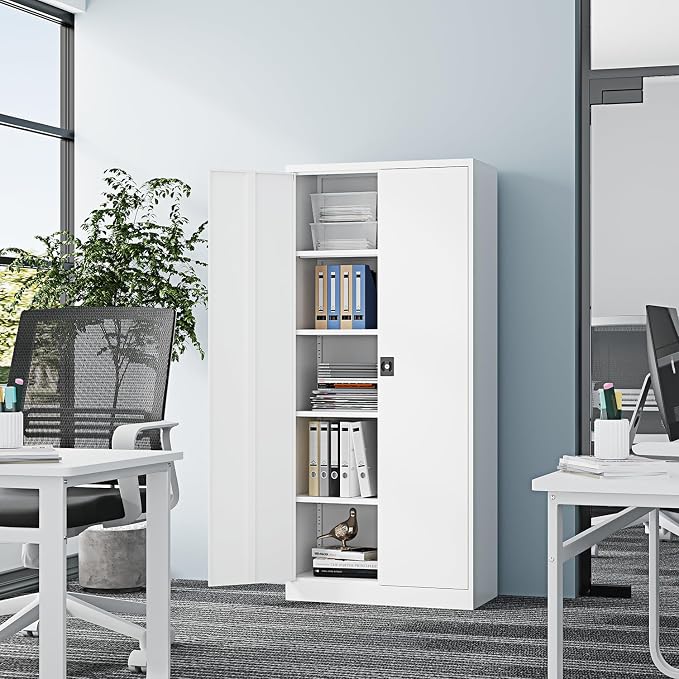 Fesbos Metal Storage Cabinet-71” Tall Steel File Cabinets with Lockable Doors and Adjustable Shelves-White Steel Storage Cabinet for Home,Kitchen, School, Office, Garage