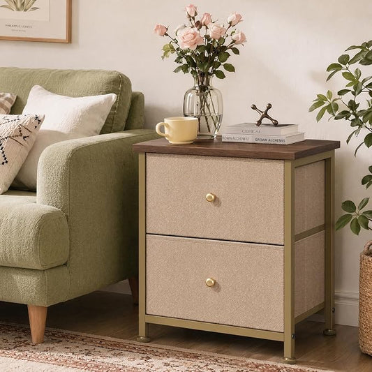 Sweetcrispy Nightstand Set of 2 with 2 Storage Drawers, Small Bedside Table | 20" Height Furniture End Table, Wooden Top Fabric Cabinet for Bedroom, Closet, Entryway, Khaki 2Pack