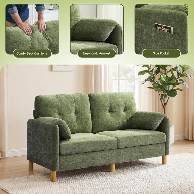 65" Loveseat Sofa, Mid Century Loveseat Couch for Living Room with Storage Pockets, Upholstered Small Loveseat for Small Spaces, Bedroom, Home Office, Apartments, Small Sofa Chenille Green