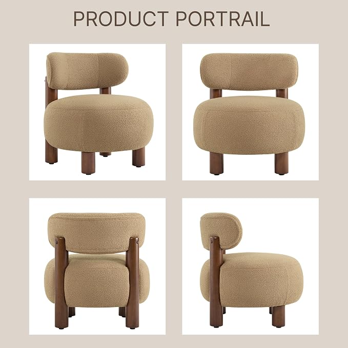 Modern Boucle Accent Chair Set of 2, with Plush Faux Sherpa Upholstery, Curved Backrest, Solid Wood Legs for Living Room Bedroom Reading Nook, 27.5", Camel