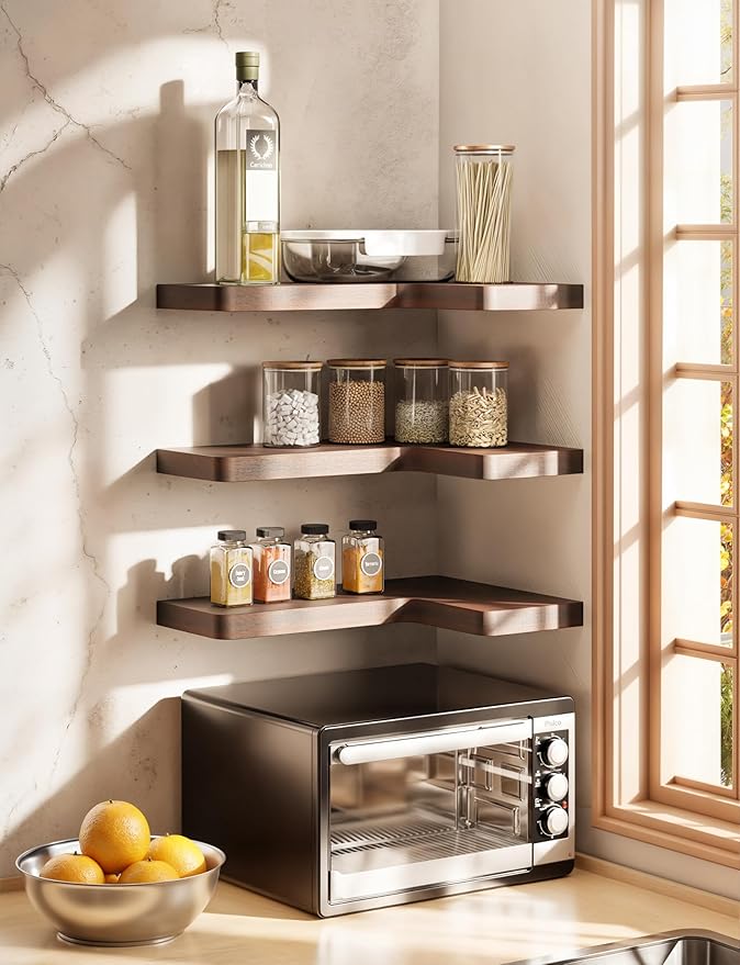 BATODA Acacia Wood Corner Floating Shelf 17” x 12”- Corner Shelf Wall Mounted - Floating Book Shelves for Wall - Corner Shelf for Home, Kitchen - with Brackets and Hardware (Walnut Color, 17" x 12")