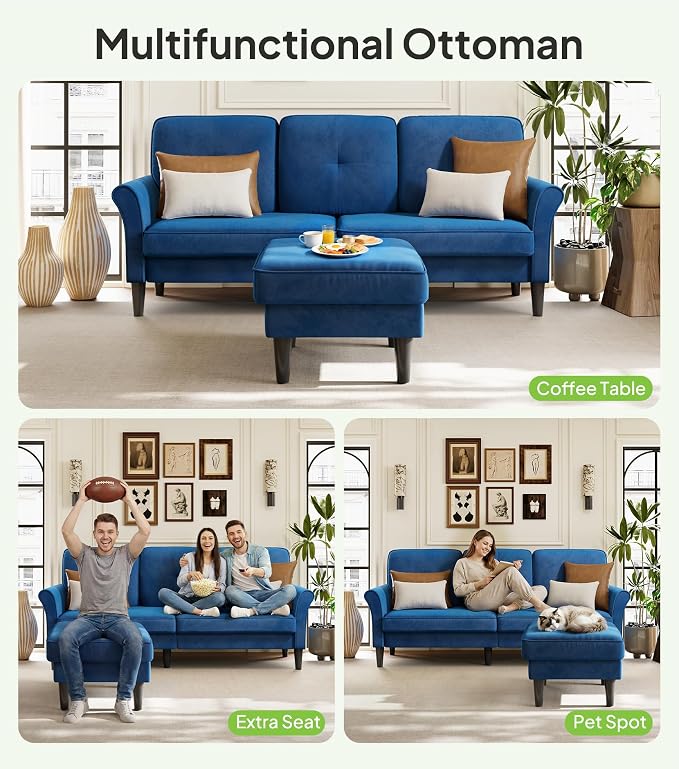 Welzona Sofas for Living Room, 83" Velvet Sectional Couch with Moveable Ottoman, Midcentury Modern Small Sectional Couch, L Shape Sofa & 2 Seater, Couches for Living Room, Apartment, Bedroom
