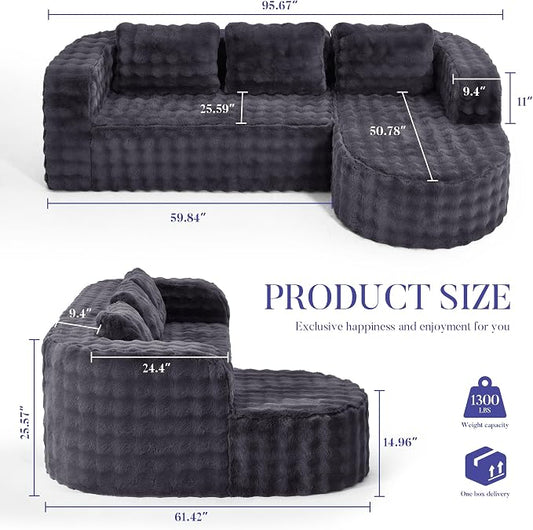 Hobestluk Modular Sectional Sofa Couches L-Shape Couch 3 Seat Modular Sofa Memory Foam Sectional Couches for Living Room, Cloud Couch (Round Ash Grey, 96", Right Hand Facing)