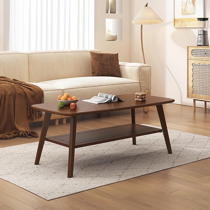 Coffee Table Small Solid Wood Center Table Mid Century Vintage Living Room Coffee Table, Walnut 39.37 Inch