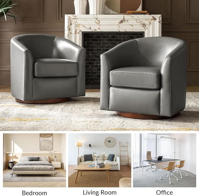 HULALA HOME Genuine Leather Swivel Barrel Chairs Set of 2, Round Swivel Accent Chairs with Solid Wood Base, Leather Barrel Accent Chair for Living Room, No Assembly Required, Grey