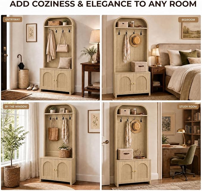 Narrow Entryway Hall Tree with Storage Bench, Modern Fluted Coat Rack and 2-Door Shoe Cabinet for Small Spaces, Arched Mudroom Organizer to Hide Clutter, Natural