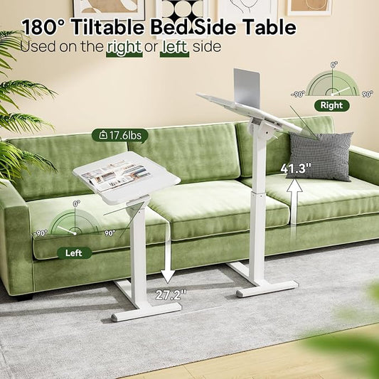 Gibbon Mounts 32inch Rolling Laptop Desk, 180° Tiltable Mobile Standing Desk Height Adjustable, Overbed Bedside Table, Portable Computer Desk with Lockable Wheels, Foldable Cart for Home Office, White