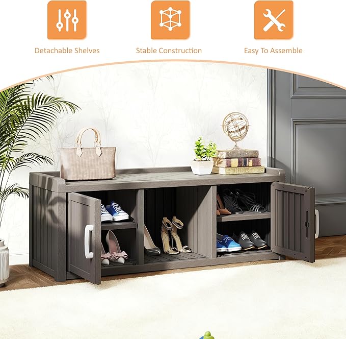 2-Tier Storage Bench, Waterproof UV-Resistant Outdoor Shoe Storage Cabinet with 2 Doors & Adjustable Shelves for Indoor Outdoor Entryway, Hallway, Living Room(Classic Grey)