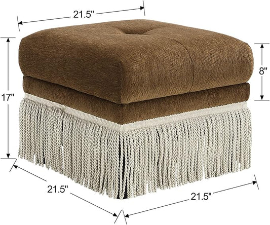 Hyfirm Brown Upholstered Accent Ottoman with Fringe, 22 Inch Square Plush Footstool Ottomans Bench for Bedroom, Modern Boho Pouf Foot Rest for Living Room, Couch
