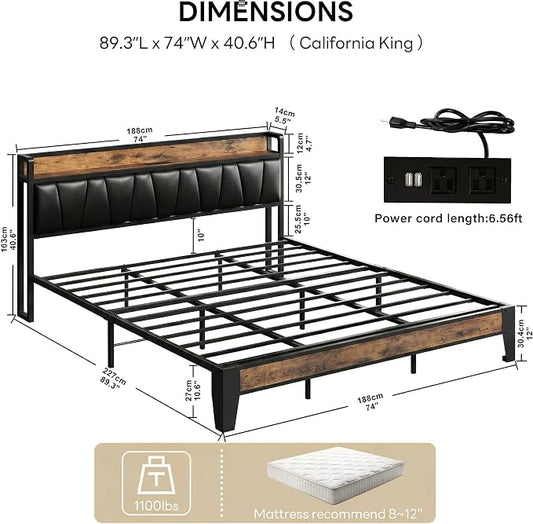 LIKIMIO California King Bed Frame, Storage Headboard with Charging Station, Solid and Stable, Noise Free, No Box Spring Needed, Easy Assembly (Vintage and Black)