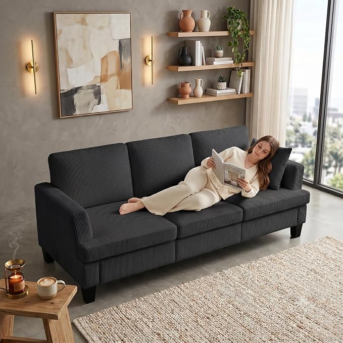 Modern 3 Seater Sofa for Living Room with Soft Deep Seats, Sofa 3 Seater in Linen, Upholstered Apartment Sofa with Armrests, Comfy Cozy Sofas for Bedroom (Corduroy, Dark Gray)